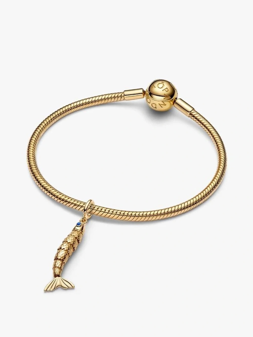 Pandora Gold Bracelet with Mermaid Tail Charm and Blue Eye Accent